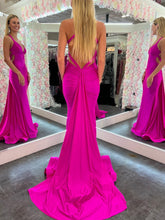 Mermaid Pink V Neck Backless Satin Long Prom Dress